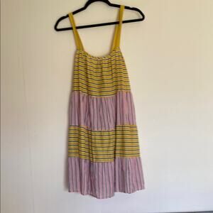 NWT 100% Cotton Yellow Pink Gray Striped Sun Dress Boho Cottage Girlhood Casual